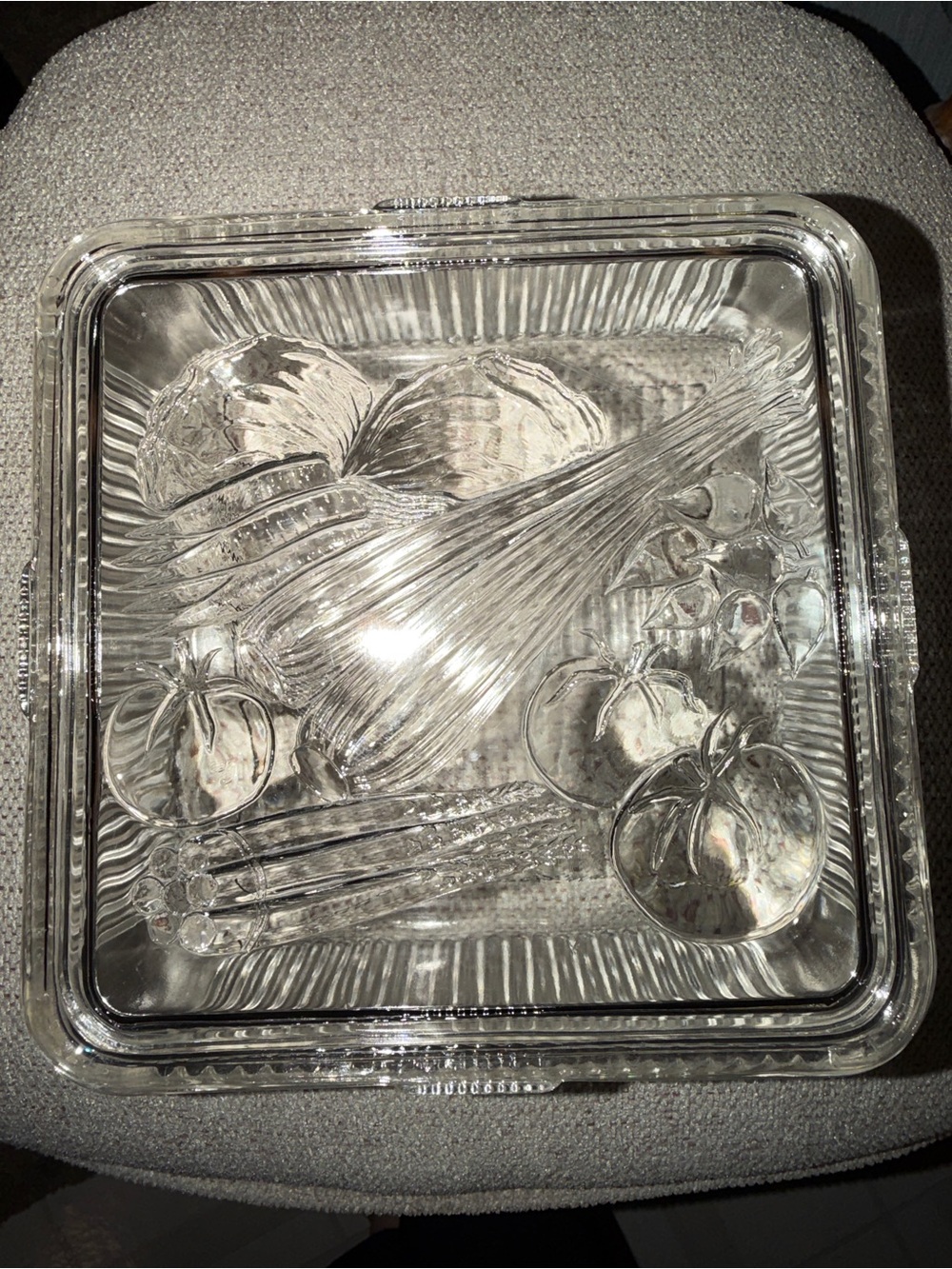 Vintage Federal Glass Refrigerator Dish Ribbed Base Embossed Vegetable Lid 8 x 8